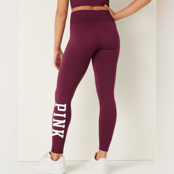 ❌SOLD❌VICTORIA’S SECRET VS PINK SEAMLESS HIGH WAIST ACTIVE LEGGINGS MAROON LOGO - Picture 1 of 4